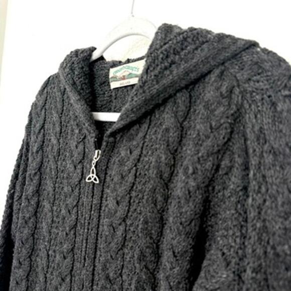 Aran Crafts Wool Hoodie Cardigan Coat Charcoal Cable Knit Cottagecore XS Ireland - Picture 3 of 8
